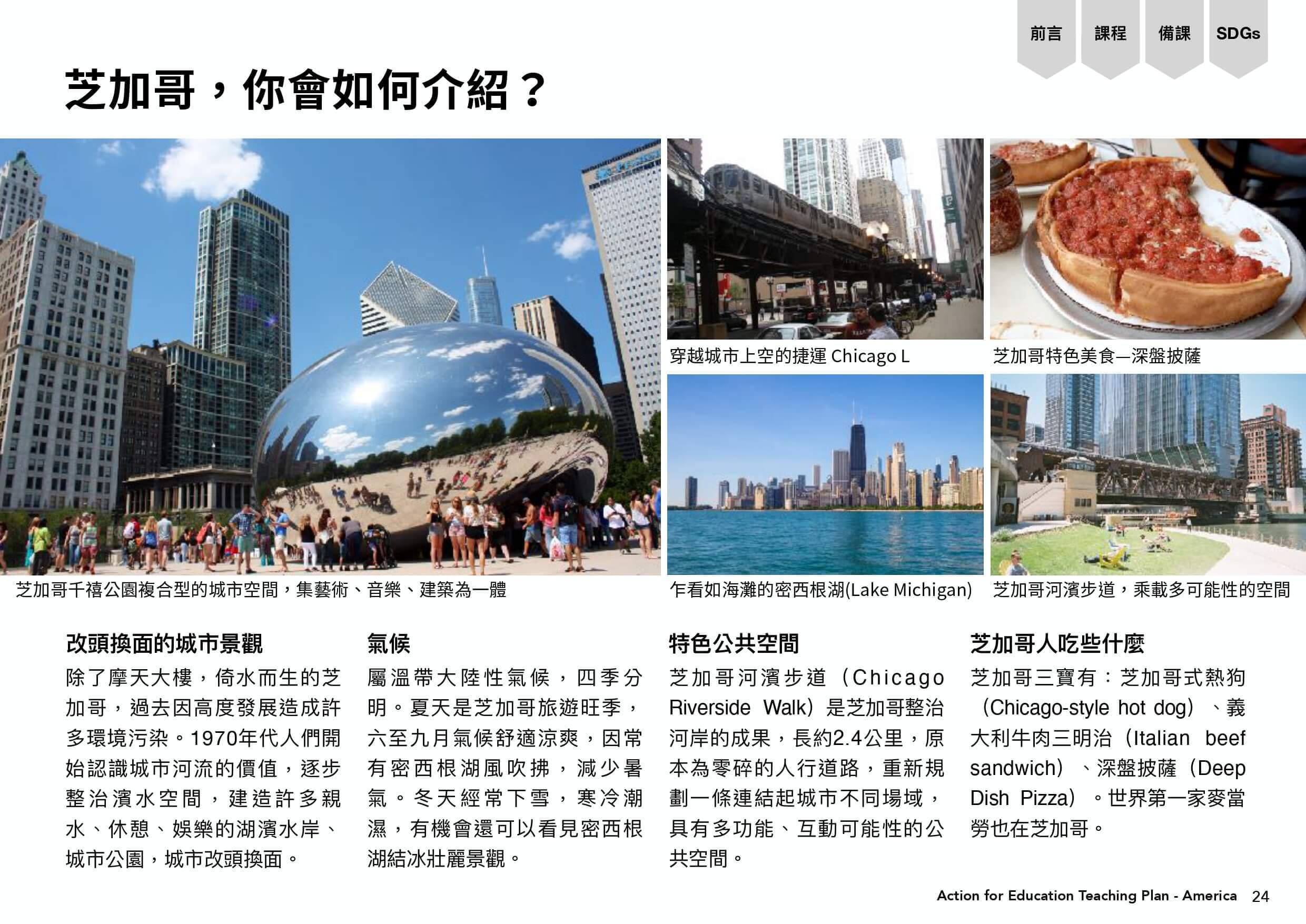 芝加哥的簡介包括改頭換面的城市景觀、氣候、特色公共空間、芝加哥人吃什麼