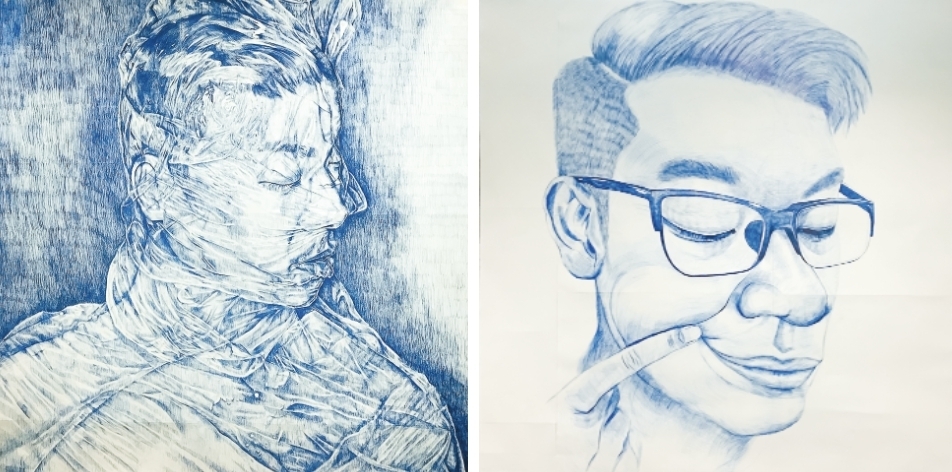 男學生用原子筆畫的自畫像作品