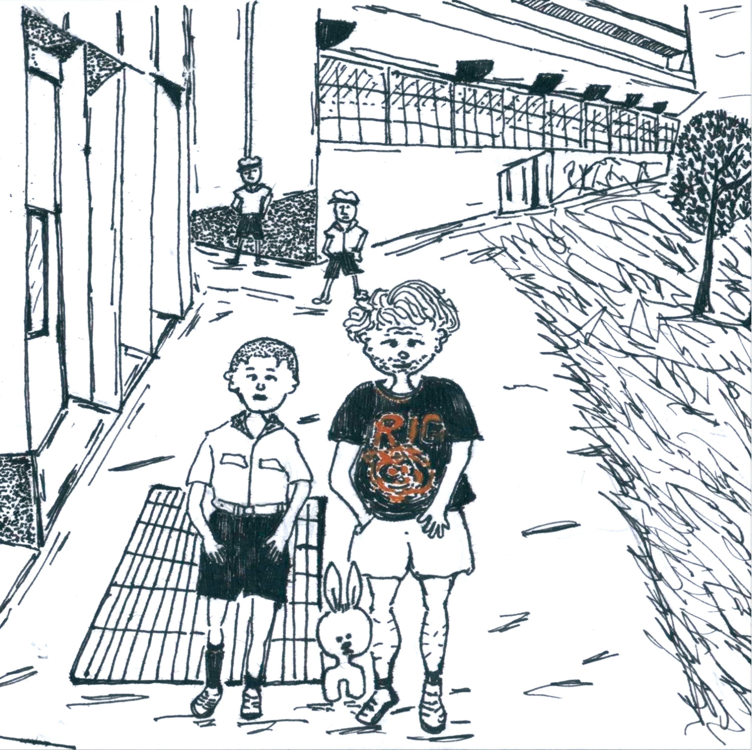 這幅自畫像描繪的是60歲的任將達與13歲的自己，在韓國釜山跨越時光的相遇。那時，他仍是就讀國中的少年。