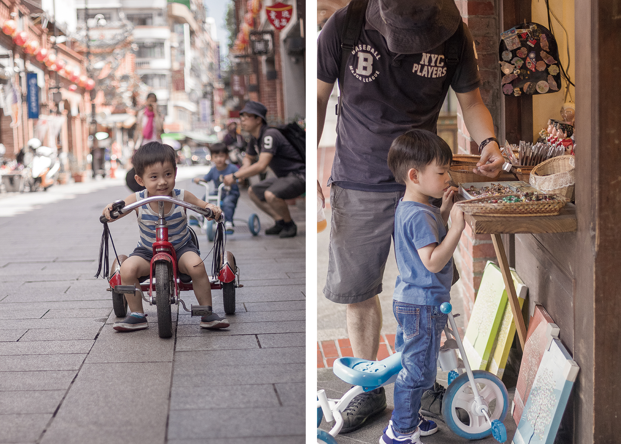 孩童在三峽老街看磁鐵店跟小三輪車
