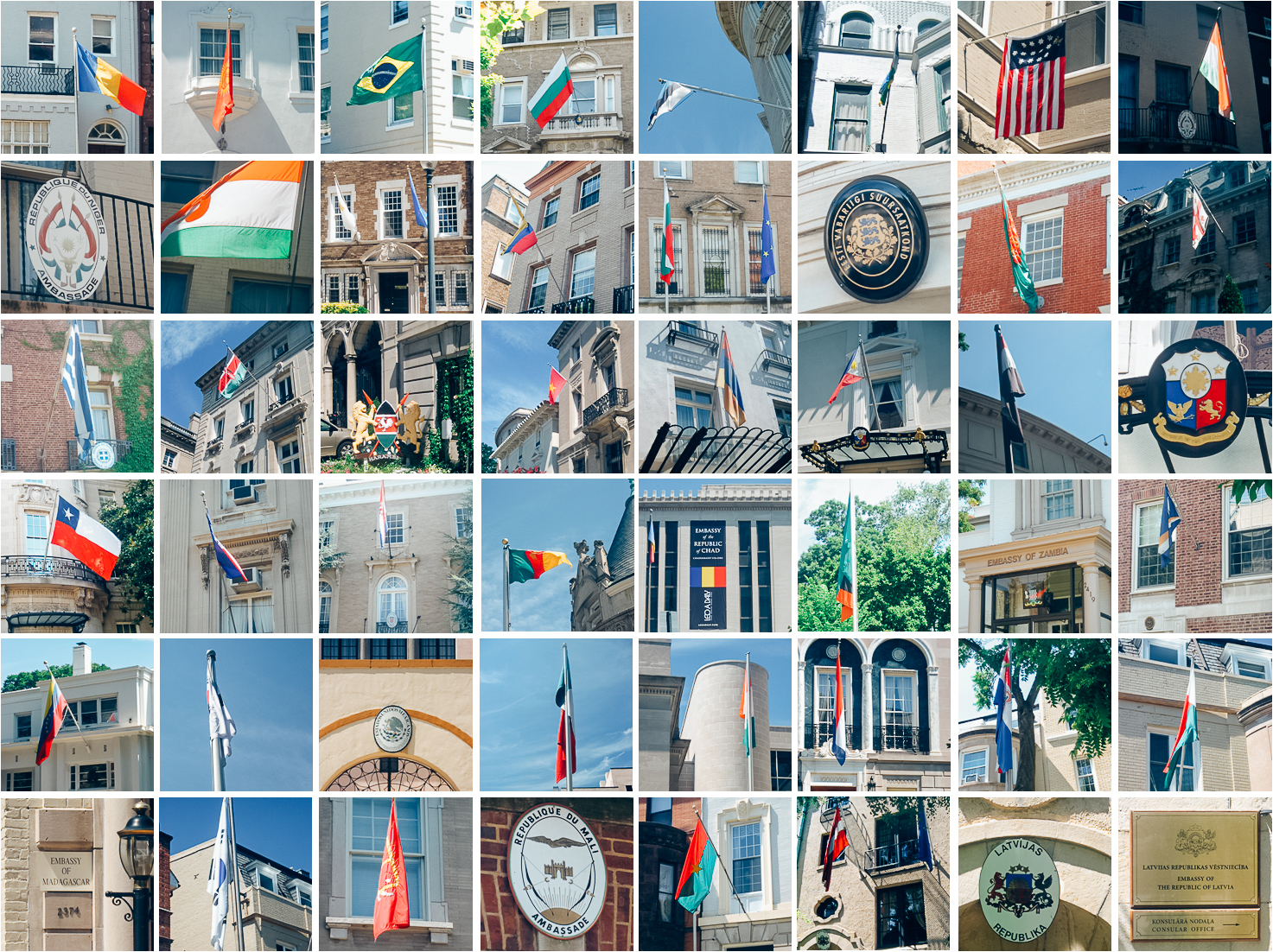 受訪者當交換生時紀錄下華盛頓特區的每一個國家的大使館與國旗