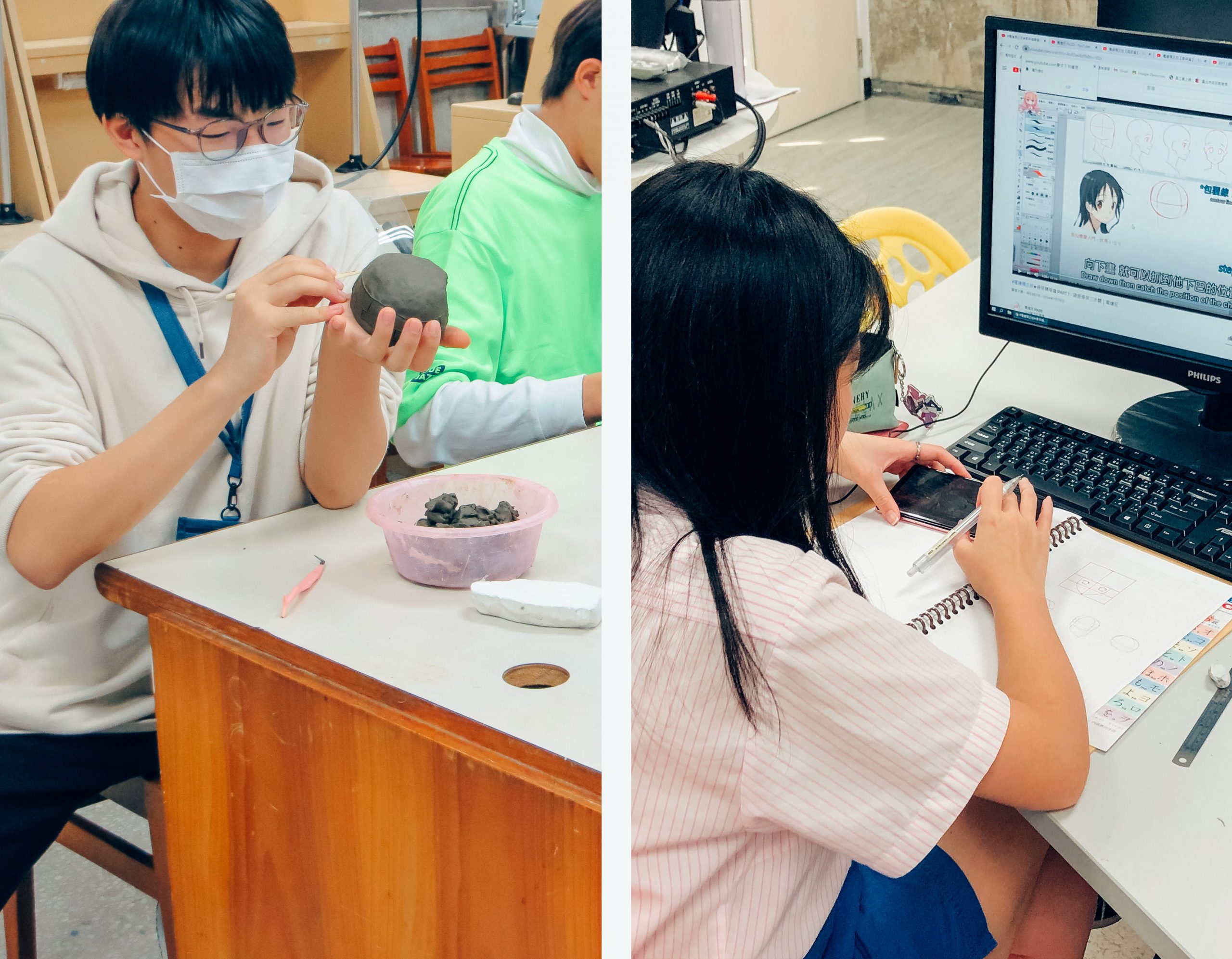 一男學生在實作黏土模型，另一女學生在電腦上繪圖個人創作角色